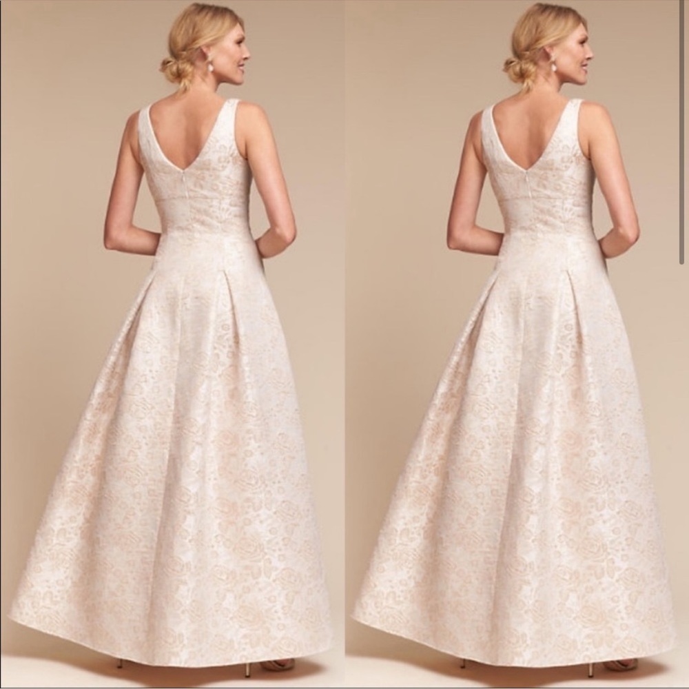 Anthro BHLDN Hitherto Lincoln Women Metallic Gold Rose Brocade Cream Formal Gown